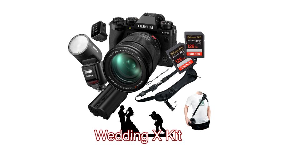 Fujifilm X-T5 + XF 16-55mm F2.8 R LM WR + Batteria Fuji NP-W235 + 2 Schede di Memoria Sandisk Extreme Pro SD V30 4K 128GB + Godox Trigger X3 F + Godox V1 Pro F + JJC Quick Release Sling Strap